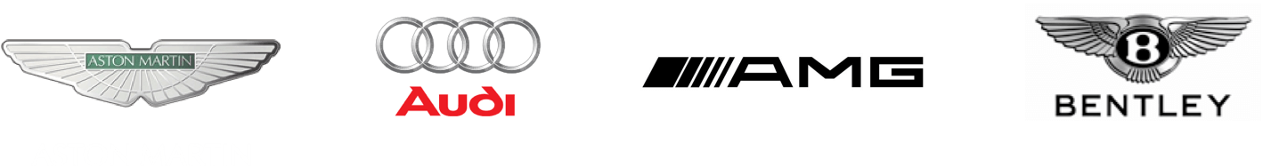 Various logotypes: Maserati, Aston Martin, Audi, AMG, Bentley